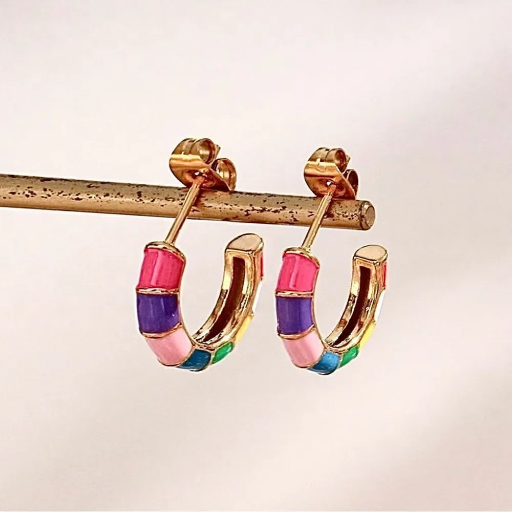Multicolor Ceramic Mini Hoop Huggie Earring Colorblock Design NIB 18kgold plate